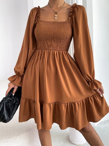 Hot selling new minimalist square neckline dress with ruffled hem and hem - Picture 24 of 29