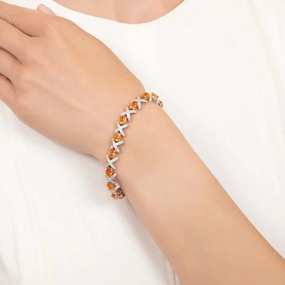 Pulseira de tênis 12 ctw corte oval criada em laboratório citrino formato X folheada a ouro branco 14K - Imagem 3 de 4