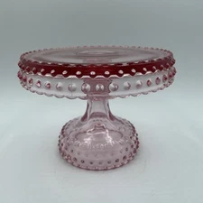 VINTAGE LE SMITH 6 1/2" PINK HOBNAIL GLASS PEDESTAL CAKE DESSERT STAND