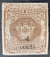 North Borneo 1899 4 cents on $10.00 brown stamp mint hinged