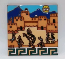 Kokopelli Hand Painted Tile Wall Art  Flute Player 1996 Signed KRit Earthtones 