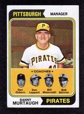 1974 Topps #489 Pirates Manager Danny Murtagh Coaches Bill Mazeroski HOF Card EX