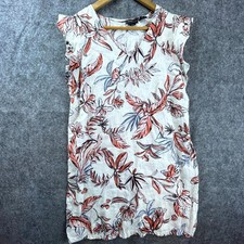 Tahari Dress Medium White Floral Tropical Print Linen Ruffle Boho Summery Light