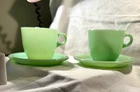 Pair Jadeite Cup Saucer Restaurant UNUSUAL C Handle Elegant  Anchor H Vtg 3"