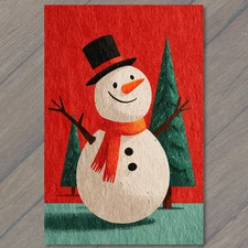 Art Print Snowman Red Scarf Top Hat Retro Christmas Trees Cheerful Winter Fun