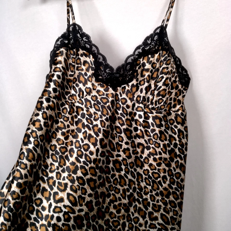 Ambrielle Chemise Camisón Sin Mangas L Animal Leopardo Gato Estampado Sedoso Sexy Borde de Encaje Foto 3 de 4