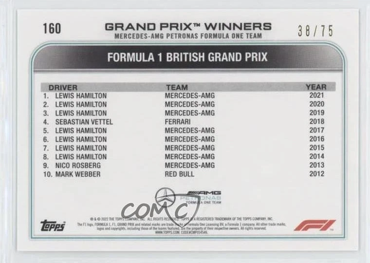 2022 Topps Formula 1 Grand Prix Winners Green /75 Lewis Hamilton #160 - Image 2 of 2