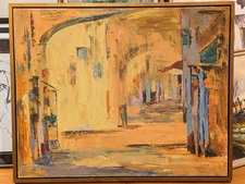 Vintage mcm midcentury Oil Painting Abstract Impast orange yellow European Alley