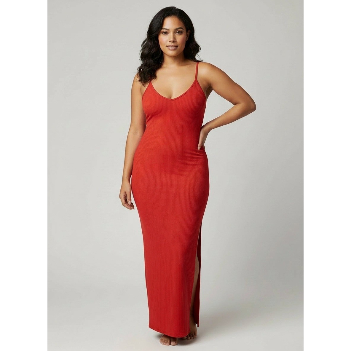 Maxi Dress Red Ribbed Spaghetti Strap Side Slit Size L-image
