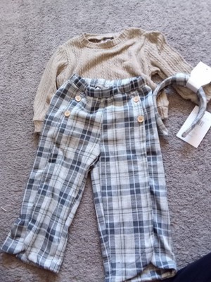 Rachel Zoe 3-Piece Sweater Plaid Pants Headband Set 18M Beige/Gray/Blue