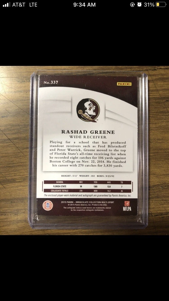 Florida State Rashad Greene RPA 25/05 2015 Colección Inmaculada Multideporte Foto 2 de 4