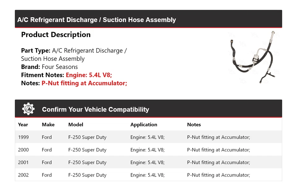 Conjunto de manguera de línea de succión de descarga Super Duty para Ford F-250 1999-02 4 Seaso Foto 2 de 4