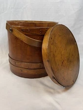 ANTIQUE 12" PRIMITIVE ORIGINAL COPPER NAIL STAVED SUGAR BUCKET FIRKIN BOX w/LID