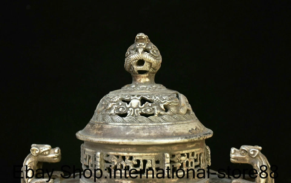 8.2" Marcado Antigua China Plata Talla Dinastía Oreja de Dragón Elefante Pie Censario Foto 2 de 4