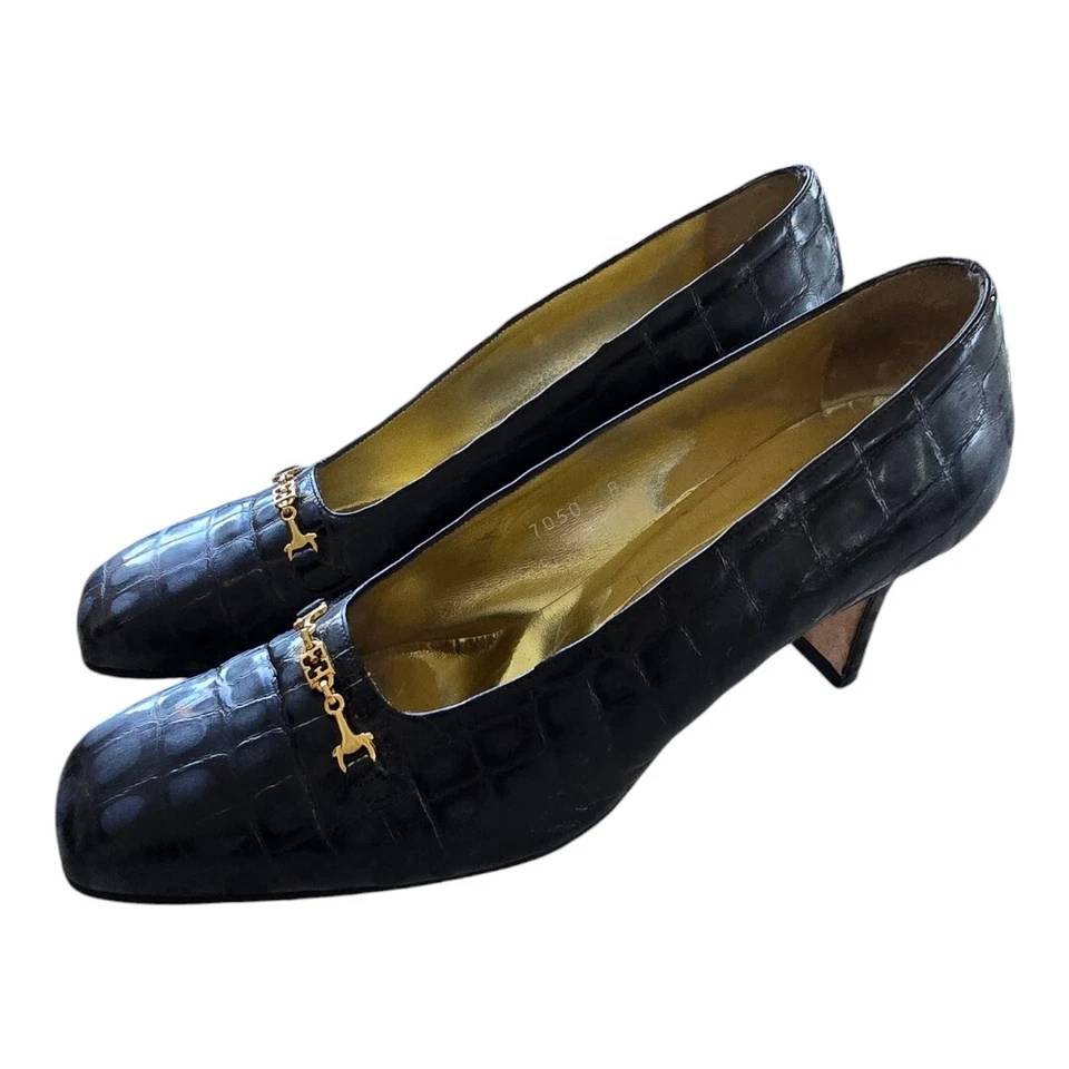 Tacones Escada Pump Talla 9B Mujer Negro Estampado Animal Elegante Dorado De Colección Foto 3 de 4