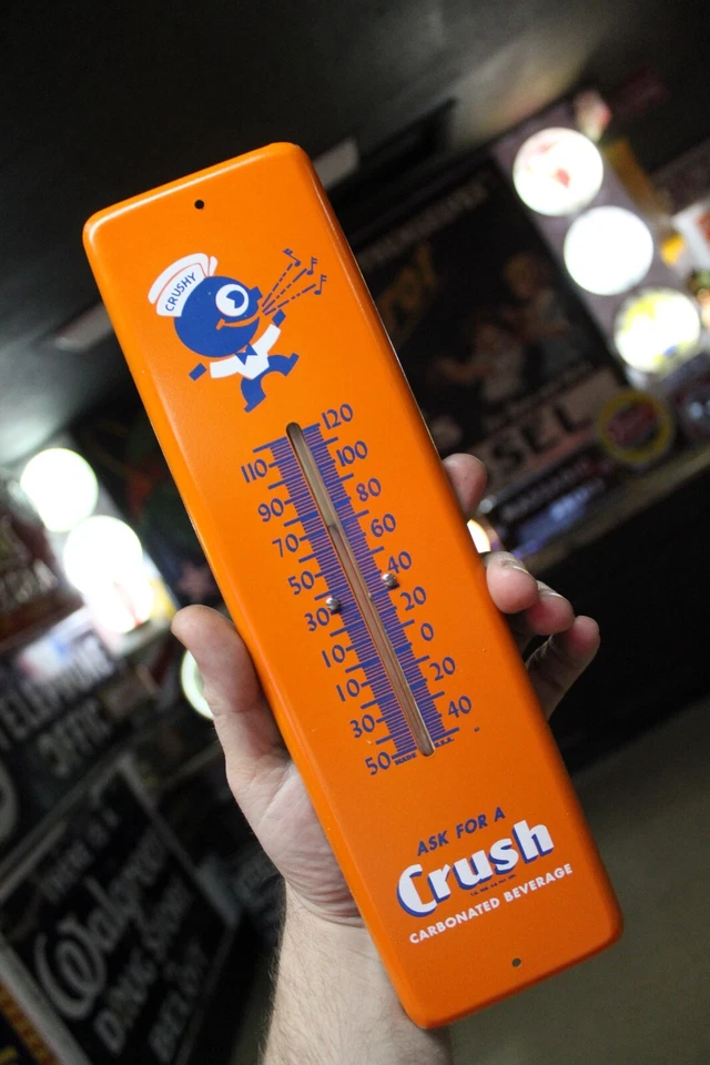 SCARCE 1950s ORANGE CRUSH SODA POP PAINTED METAL THERMOMETER SIGN PEPSI COKE RC - Image 2 of 4
