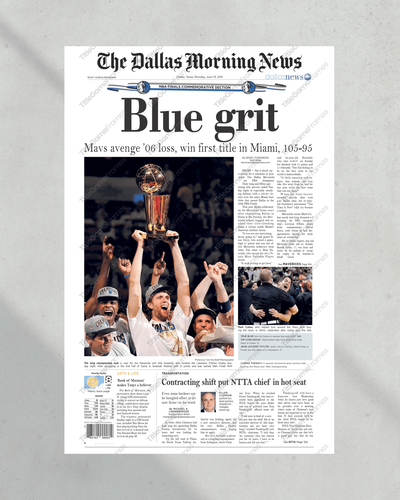 2011 Dallas Mavericks NBA Basketball Championship 'Blue grit' Framed Newspaper - Picture 3 of 11