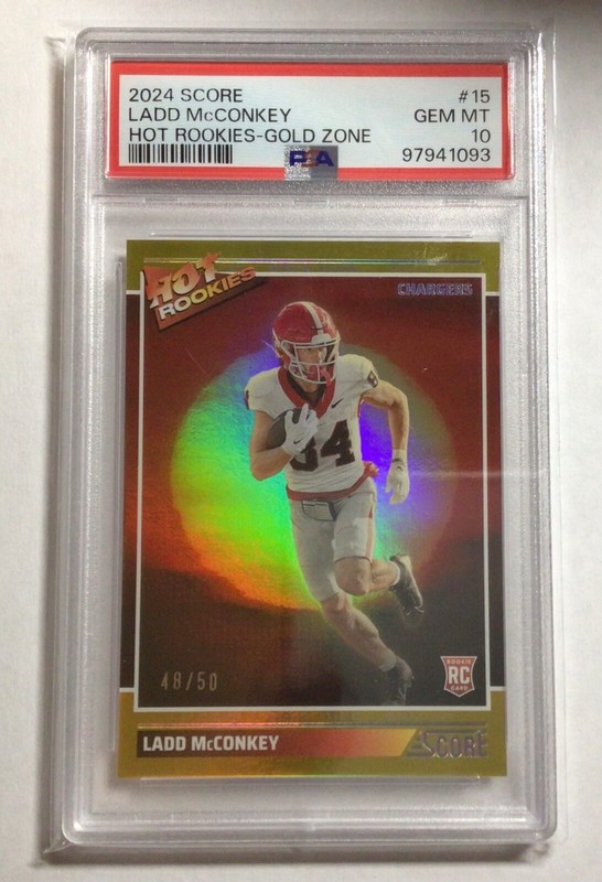 2024 Score Ladd McConkey Hot Rookies Gold Zone /50 PSA10 (POP-3) RC