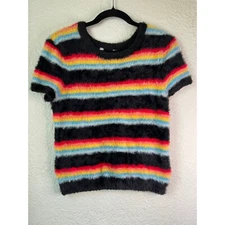No Boundaries Fuzzy Striped Short Sleeve Top Colorful Soft Tee XL