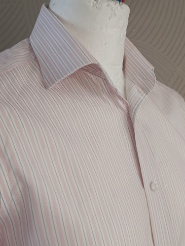 TM Lewin Men's Pink Blue Striped Shirt, French Cuff Non Iron Slim Fit Size 15"