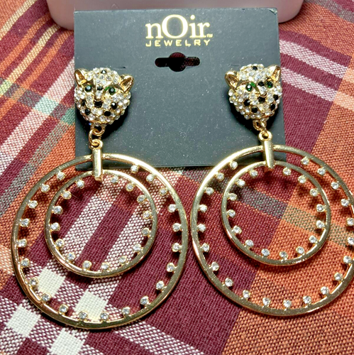 nOir Noir Gold Tone Cat / Tiger Rhinestone Dangle Hoop Earrings Art Nouveau
