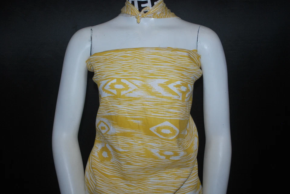 Hermoso estampado étnico 100 % fibra natural de lino europeo 5 oz mostaza blanco roto Foto 2 de 4