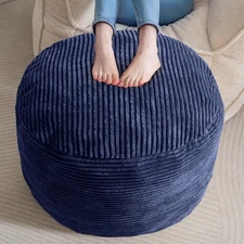 Navy Round Corduroy Stuffed Pouf Ottoman w/ Chunky Foam Filling 26x18 Foot Rest