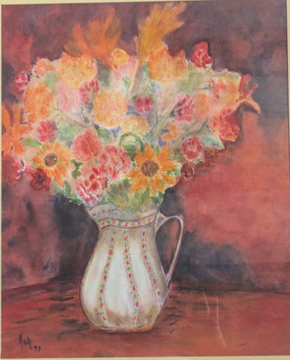 Original Aquarell Gemälde signiert von Monogram Stillleben mit Blumen 1999
