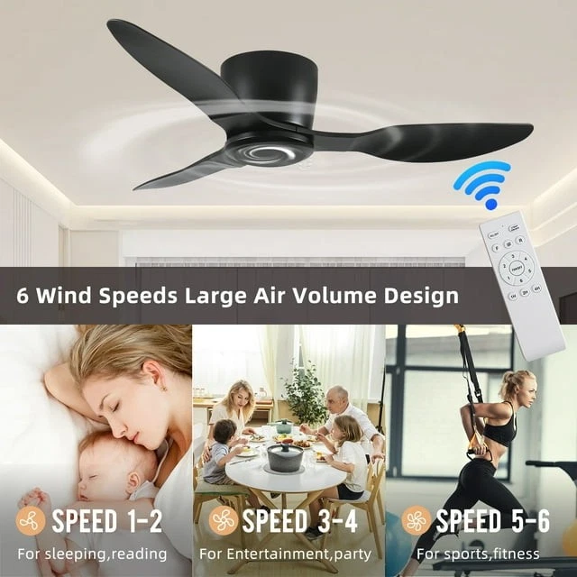 42" Flush Mount Ceiling Fan without light, 3 Reversible Blades, with 6 Speeds Re - Image 2 of 4