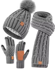 Womens Beanie Hat Scarf Gloves Set, Soft Fleece Lined Winter Hat with Pom Pom...
