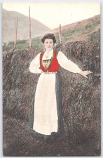 Vintage Hand-Colored Postcard Norwegian Woman in Traditional Bunad Dress