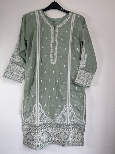 Abito Designer Salwar Kameez indiano pakistano 3 pezzi cucito taglia media verde - Foto 2 di 15
