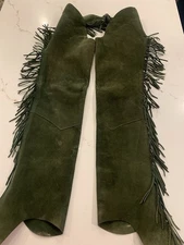 Barnstable Riding Chaps Green Suede Leather Fringe Size Med Thigh 23” Vintage