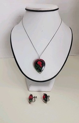 VTG Set Lucite Reverse Red Rose Flower Necklace Pendant & Screw Back Earrings