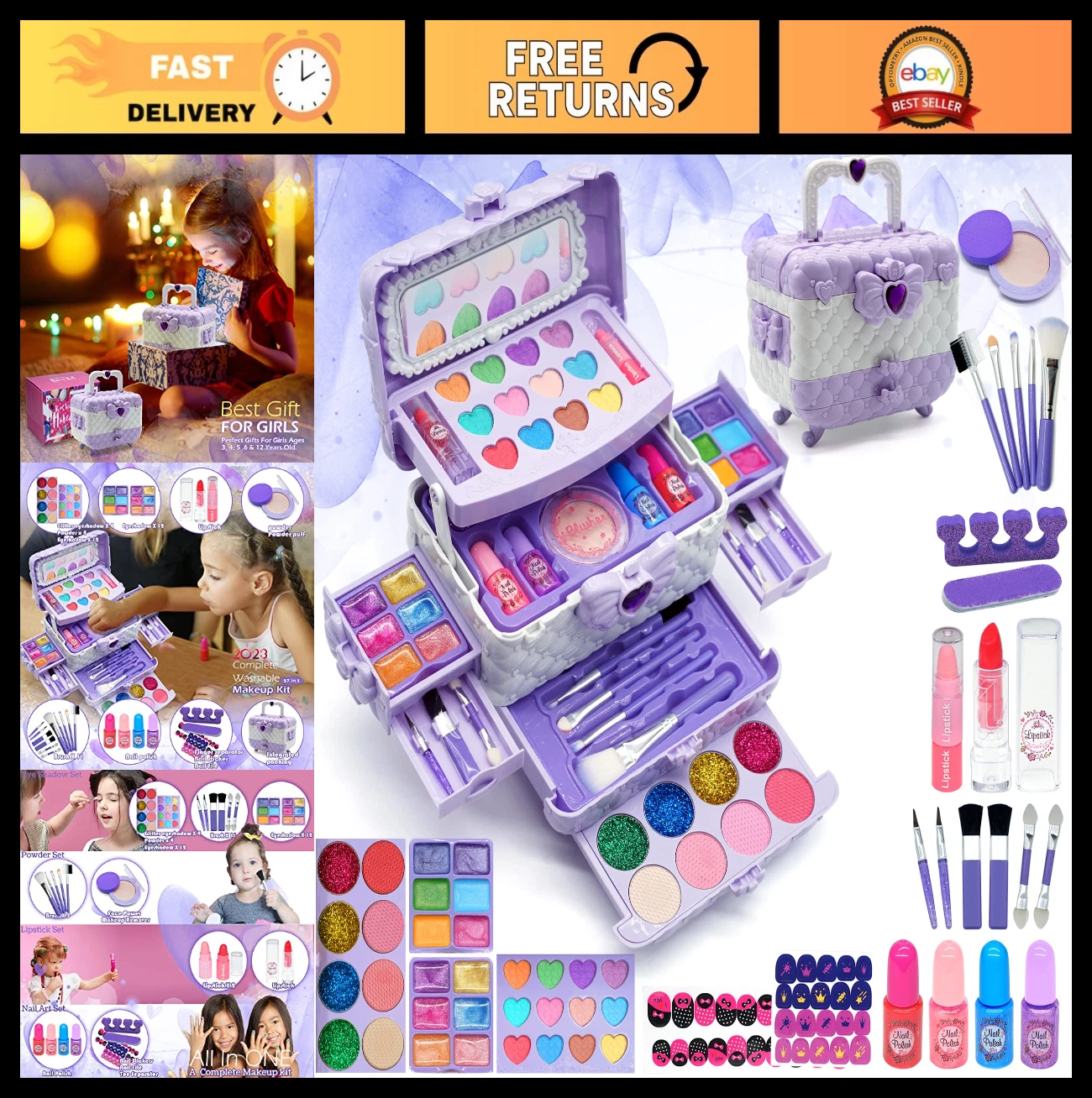 Kids Makeup Kit for Girls - Washable Play Makeup Set, Princess Gift for Ages 4-1