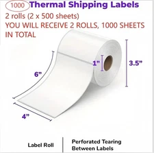 1000 Sheets 2 Rolls 4x6 Direct Thermal Shipping Printing Labels Zebra/Rollo...