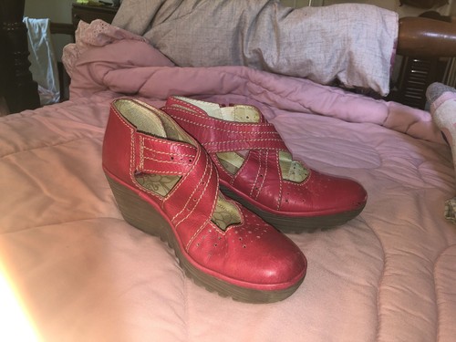 Fly London Yefi Red Leather Wedge Mary Jane Sandals