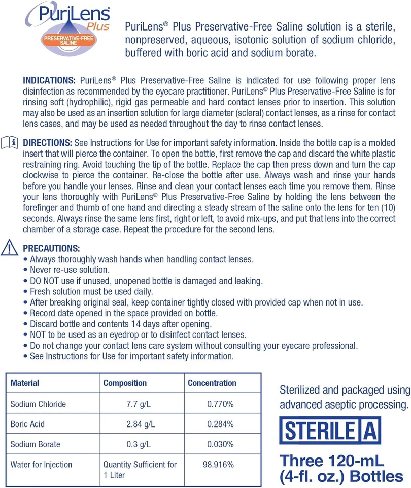 Lentes de contacto salinas Purilens Plus sin conservantes 120 ml (4 fl. oz.) Pack 12 Foto 4 de 4