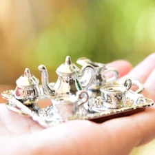 Dollhouse 1:12 Scale Pocket Miniature Silver Metal Tea Set Coffee Set Decoration