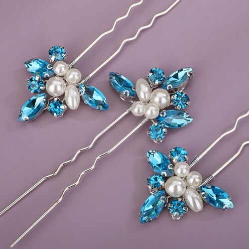 6pcs Crystal Pearl Bridal Hair Pins Blue Rhinestone Wedding Hair Pins Clips - Bild 3 von 5