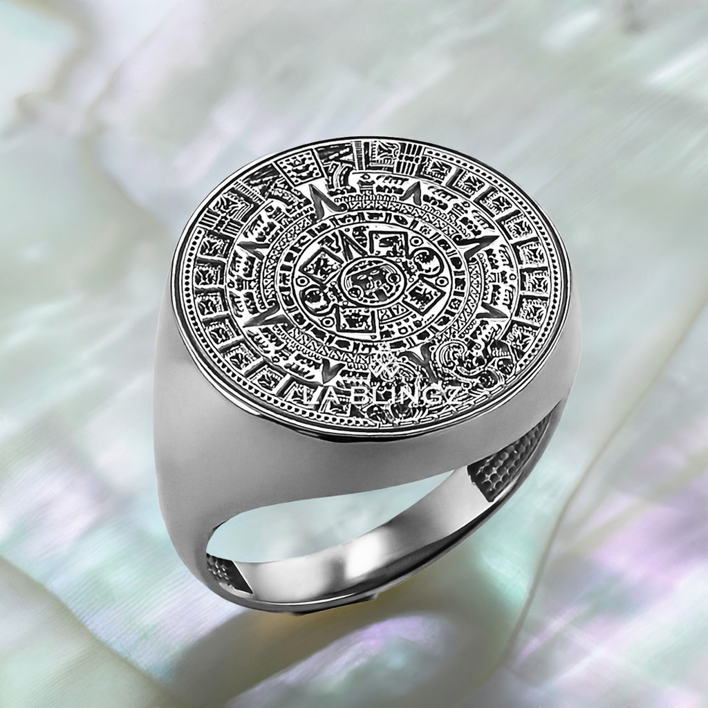 Sterling Silver Aztec Mayan Sun Calendar Signet Ring | Men's Statement Jewelry