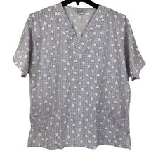 Cherokee Scrub Top Womans Size L Has Pockets Blue and Pink Check With Flowers