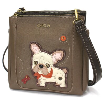 Chala French Bulldog RFID Protected Vegan Leather Merry Messenger Bag Brown NWT