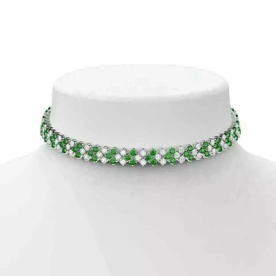 30 Ct Round Cut Lab Created Green Emerald 14K White Gold Plated Tennis Necklace - Image 2 of 3