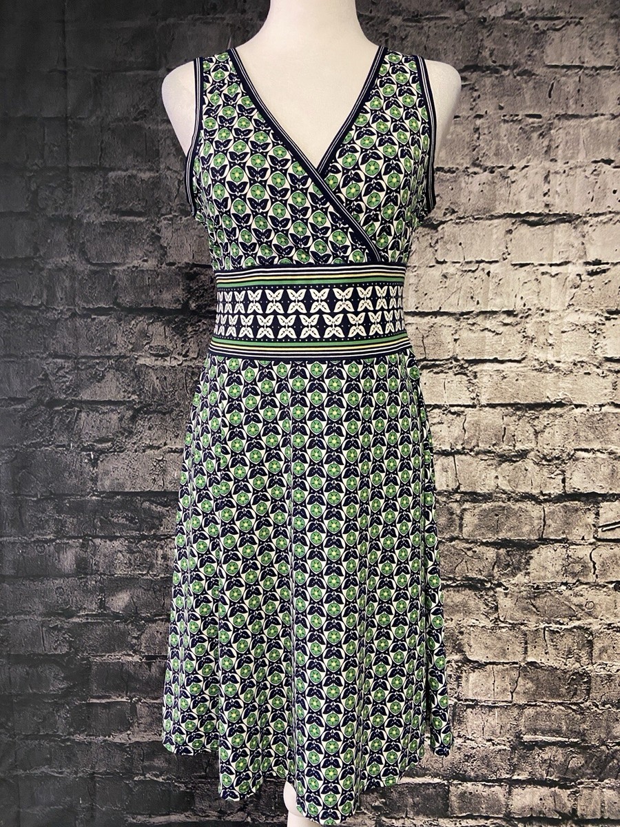 Max Studio Dress Womens Size S Green Navy Geometric Print Sleeveless V-Neck  Fit