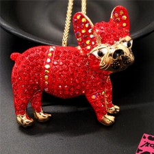 Fashion Women Red Rhinestone Bling Cute Pug Dog Crystal Pendant Chain Necklace