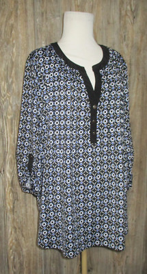 Notations Womens Blue Black Floral Print Plus 2X Stretch Roll Tab Career Top