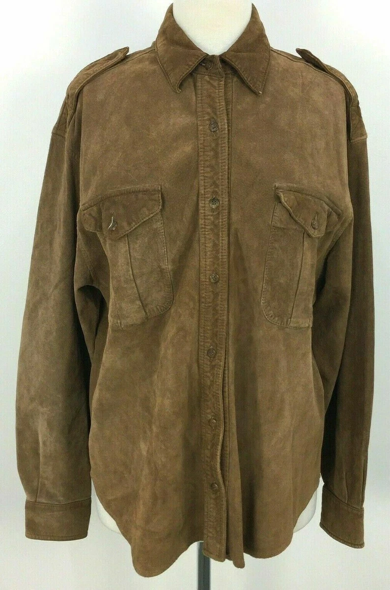 VTG 90s Elements Exclusively Spiegel Tan Leather Button Shirt Mens 
