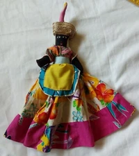 Vintage Jamaica Hand-made Cloth  Doll with Fruit Basket