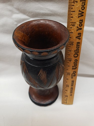 VTG Hand Carved Wood Candle Holder or Vase 6" Black to Wood Grain - Picture 9 of 9